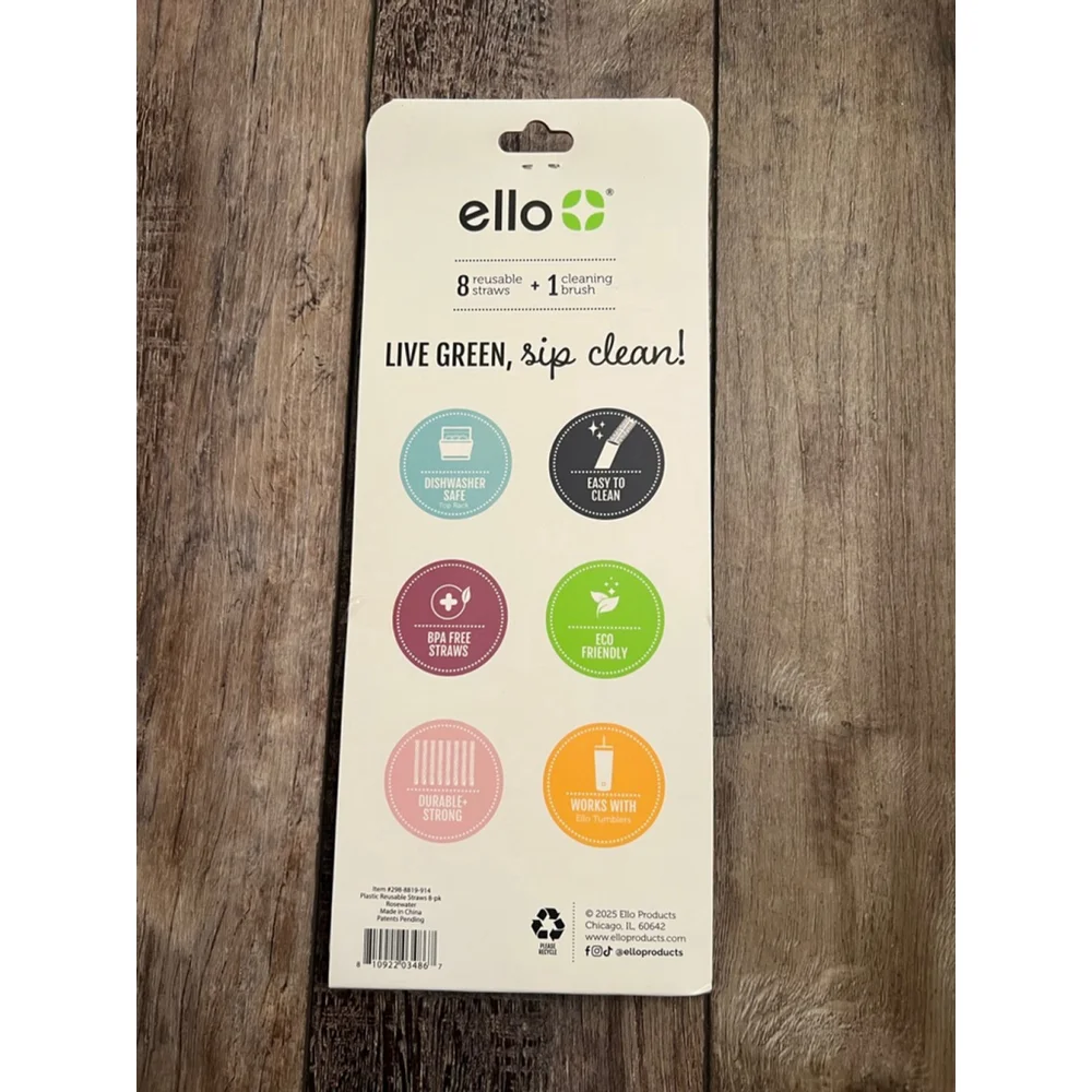 NEW Ello Reusable Plastic Straws with Cleaning Brush, One Size, Blue & Pink